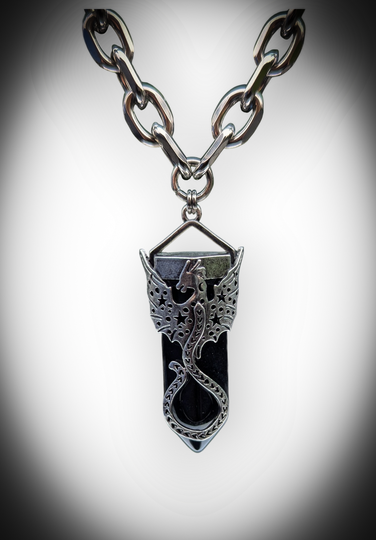 Obsidian tower point pendant necklace with dragon detail