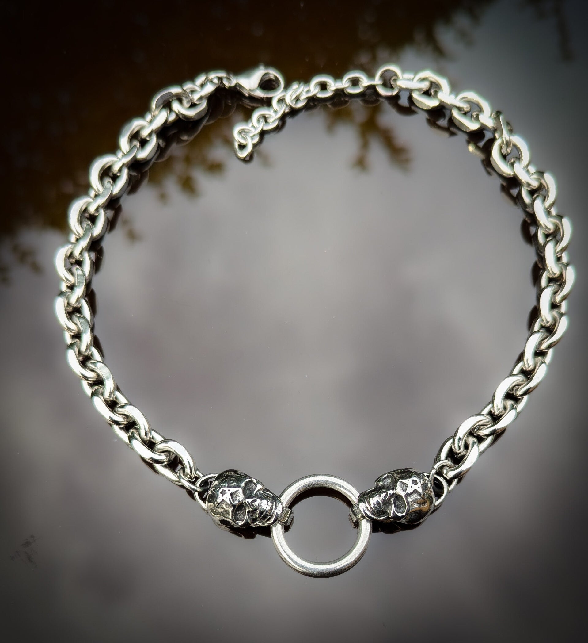 Double skull and O ring choker necklace