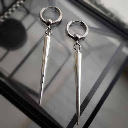Long silver spike hoops earrings