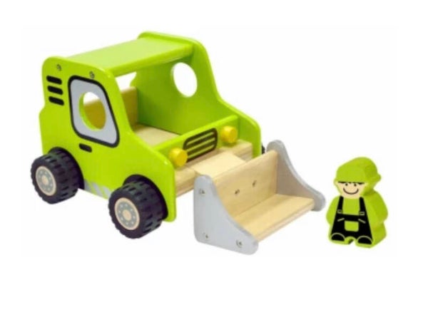 HOUTEN BULLDOZER MET SPEELFIGUUR