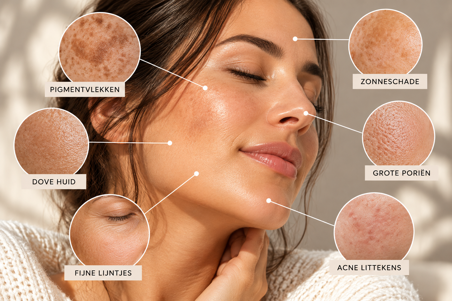 Huidproblemen zoals pigmentvlekken, zonneschade, fijne lijntjes, grove poriën en acnelittekens. Het belang van dagelijkse SPF 50 zonbescherming.