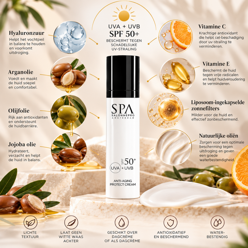 Ingrediënten SPA Salonnepro SPF 50+ zonnebrandcrème met hyaluronzuur, arganolie, jojobaolie, olijfolie en vitamine C en E.