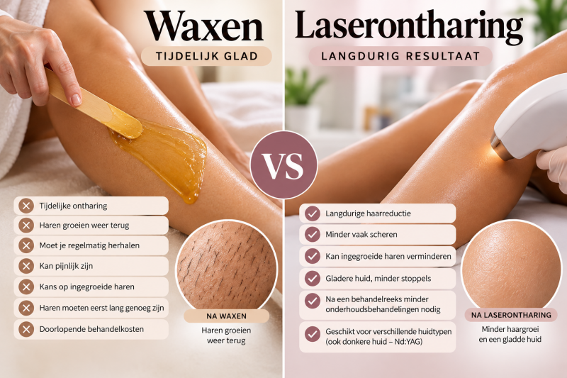Infographic waxen versus laserontharing: verschillen in haargroei, ingegroeide haren, kosten en langdurige haarreductie.
