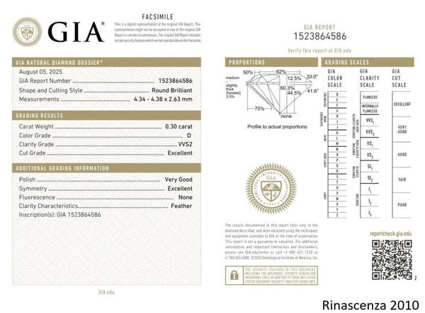 1 Stück (Lose) Diamant (Natürlich) - 0.30 ct - Rund - D (farblos) - VVS2 - Gemological Institute of America (GIA) - *EX VG Keine*