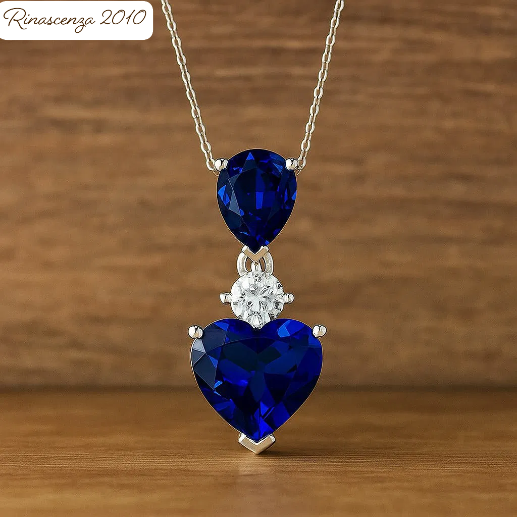 Anhänger mit Kette aus 925er Sterlingsilber, natürlichem blauen Saphir und Diamant