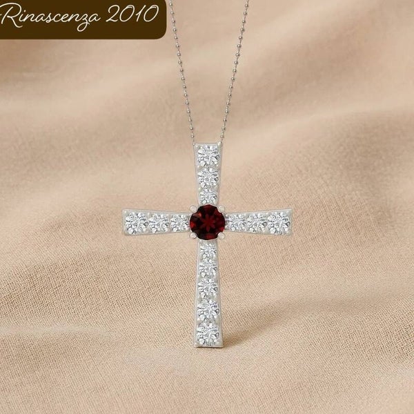 Anhänger mit natürlichem Granat und Diamant aus 925er Sterlingsilber, inklusive Kette