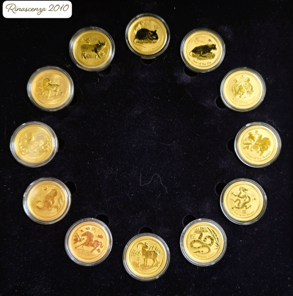 12 x 1/10 Unze (oz) Gold, Lunar 2 Komplett-Set Goldmünze 2008-2019