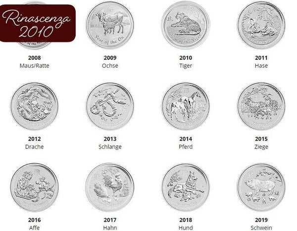 Sammlung Lunar II Silbermünze Australien 2 Unzen 2009-2019