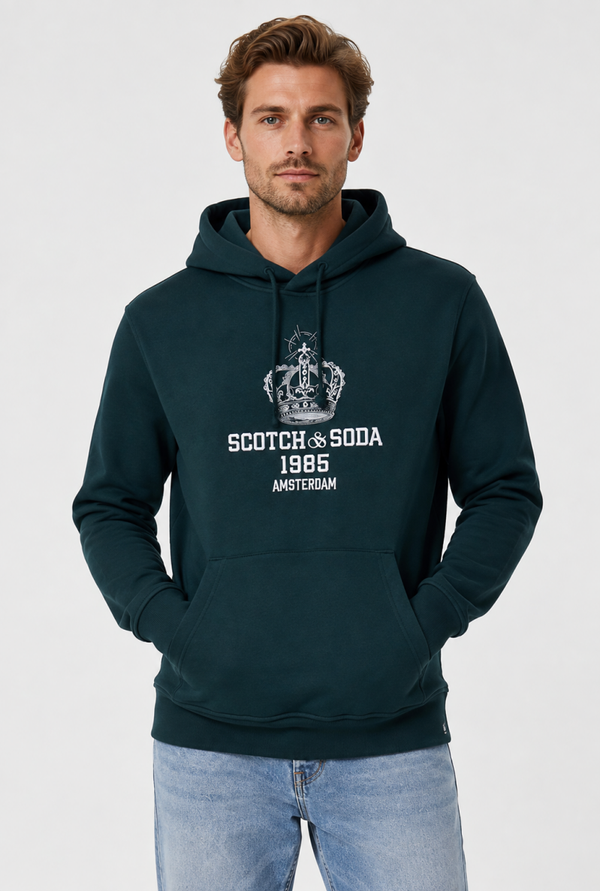 Scotch & Soda Relaxed fit fleece graphic hoodie cypress green