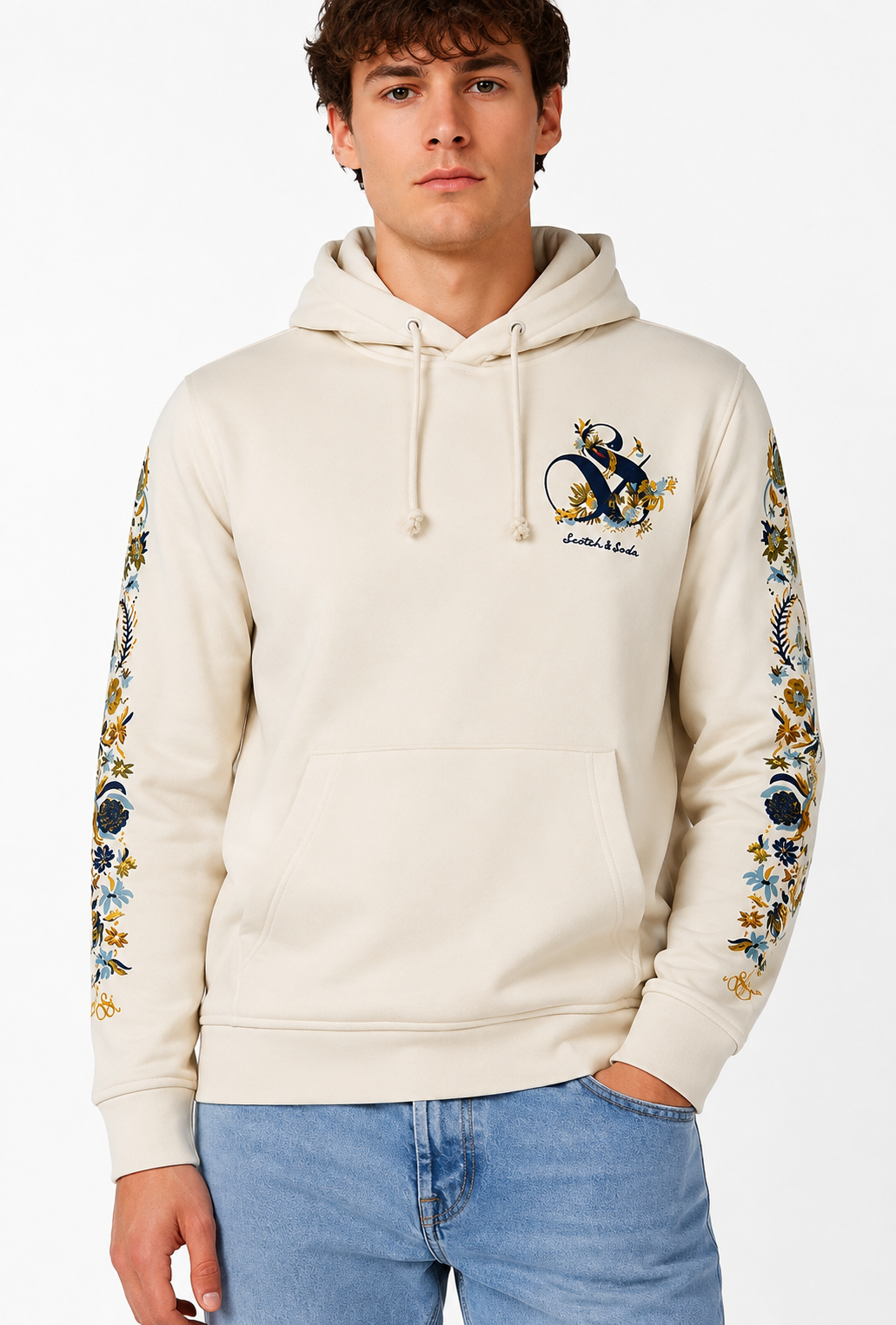 Scotch & Soda Heren Hoodie Off-White – Floral Graphic