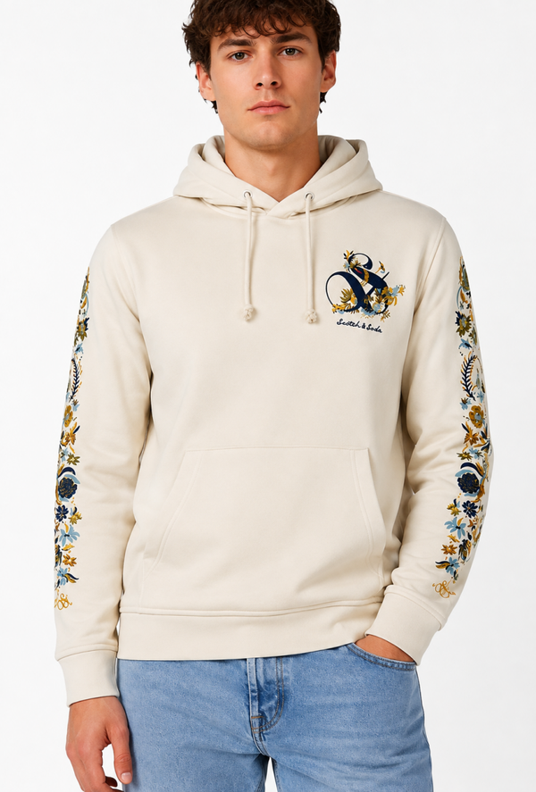 Scotch & Soda Heren Hoodie Off-White – Floral Graphic