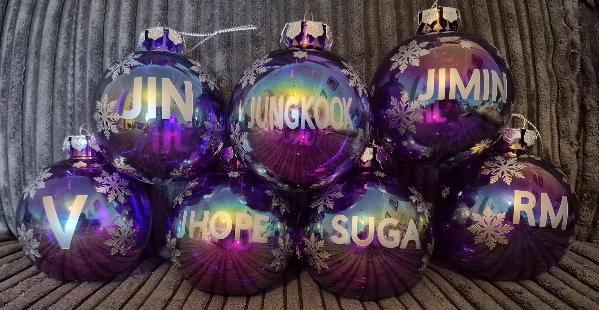 Set of 7 purple iridescent bts members baubles
