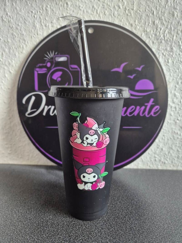 Trinkbecher mit Deckel & Strohhalm schwarz Kuromi