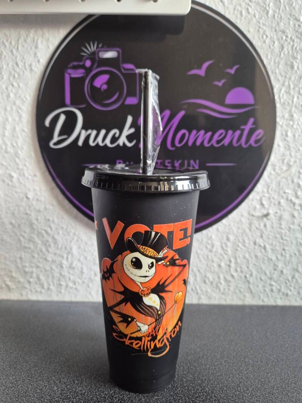Trinkbecher mit Deckel & Strohhalm schwarz - Jack Skellington
