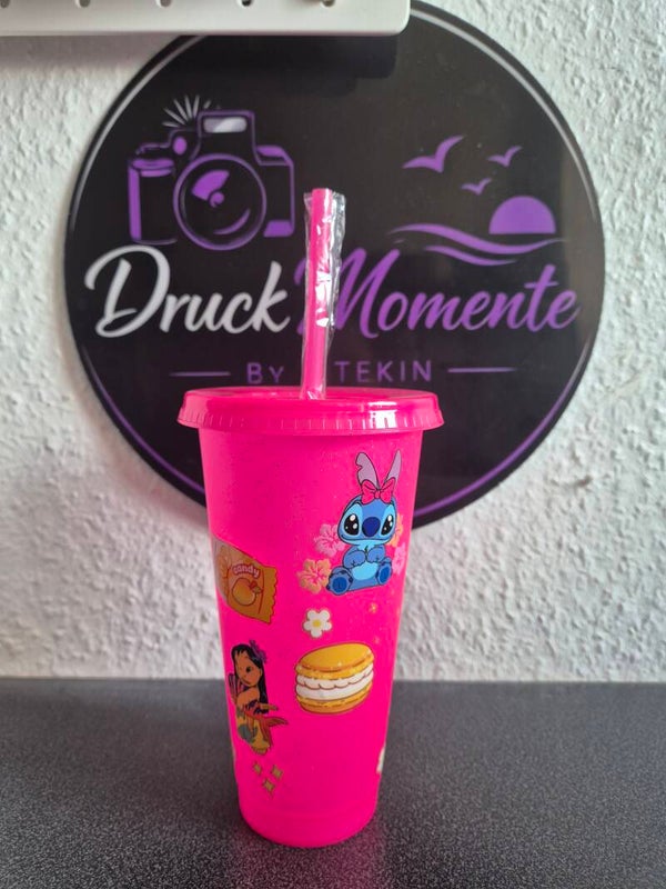 Trinkbecher mit Deckel & Strohhalm Pink - Lilo & Stitch (1)