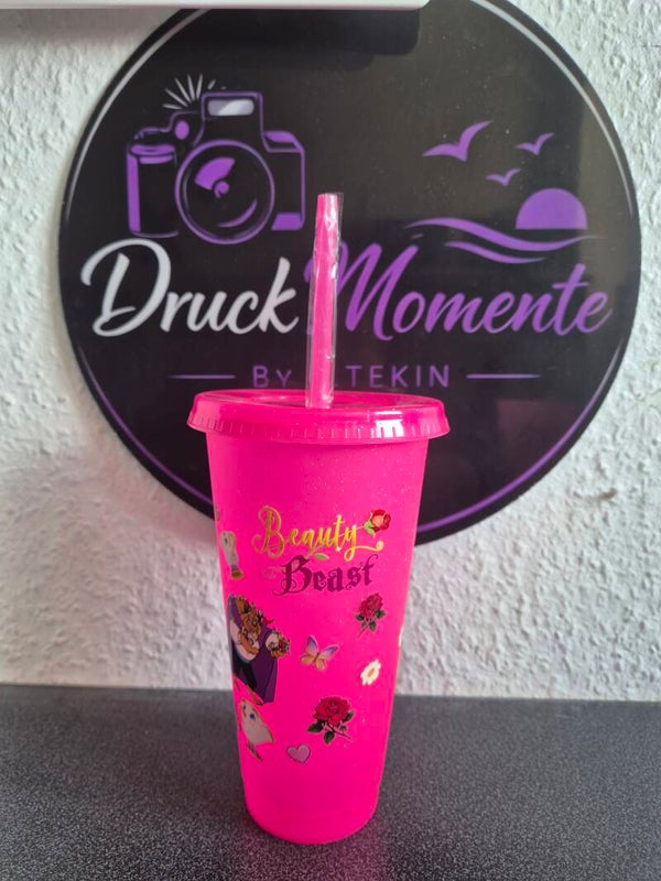 Trinkbecher mit Deckel & Strohhalm Pink - Die Schöne & das Biest