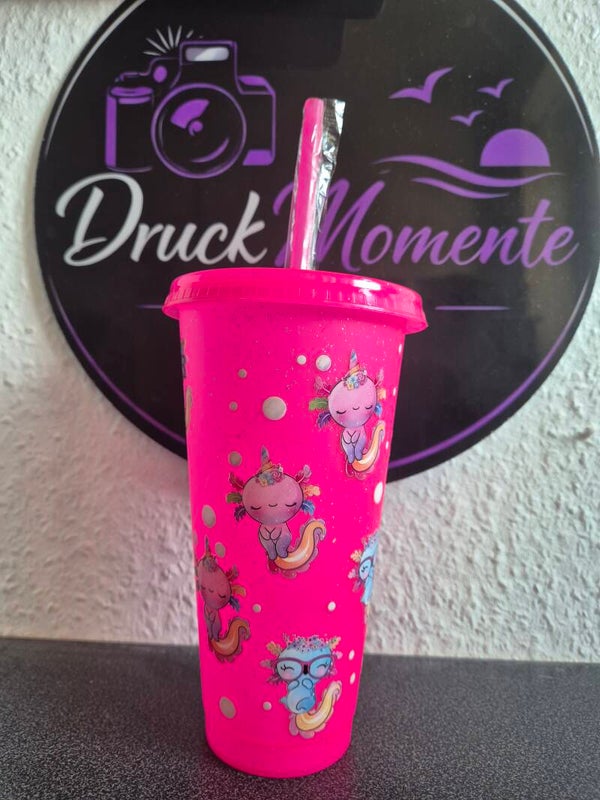 Trinkbecher mit Deckel & Strohhalm Pink - Axolotl (2)