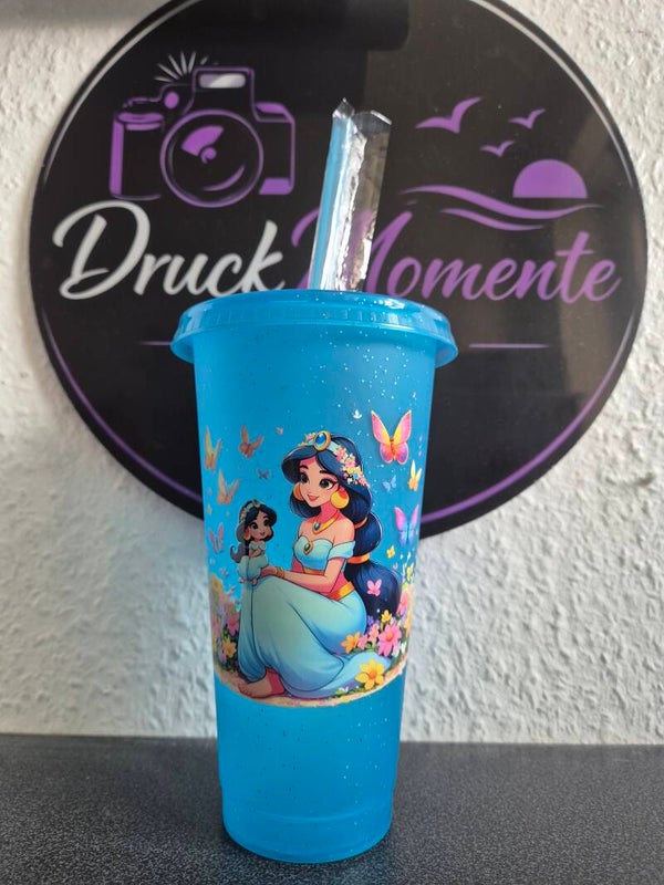 Trinkbecher mit Deckel & Strohhalm hell blau - Jasmin