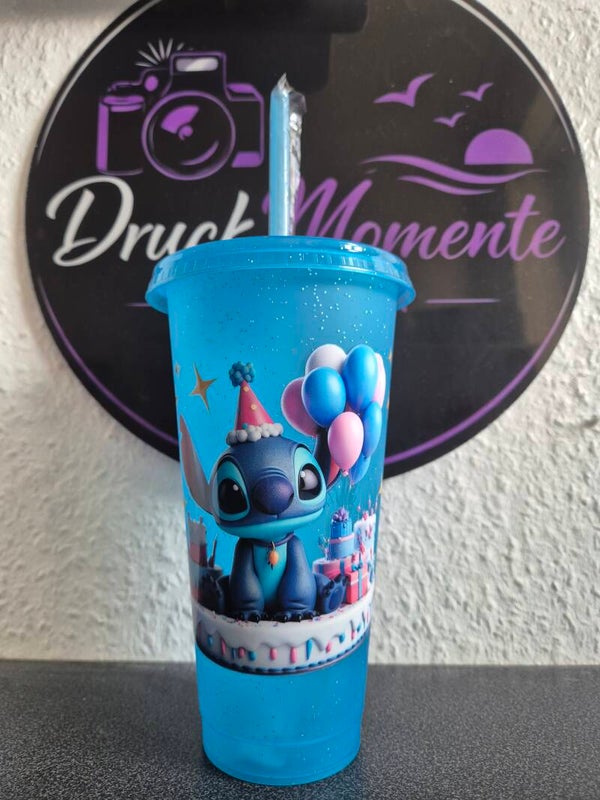 Trinkbecher mit Deckel & Strohhalm hellblau - Happy Birthday Stitch
