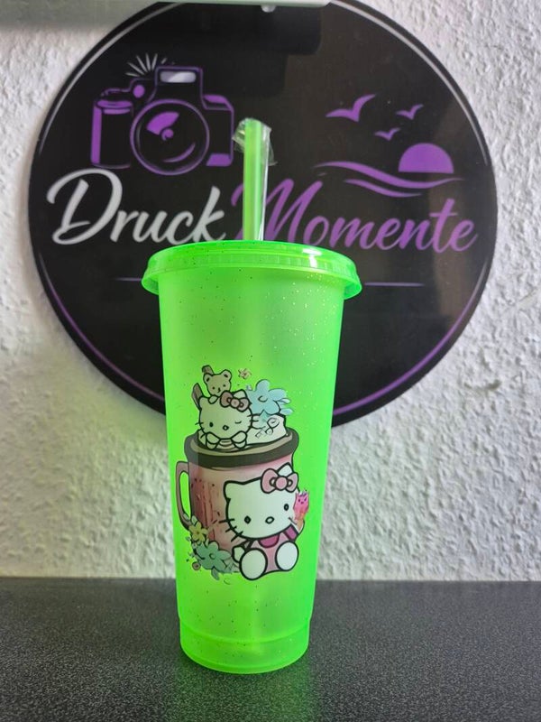 Trinkbecher mit Deckel & Strohhalm hellgrün - Hello Kitty, Frosch