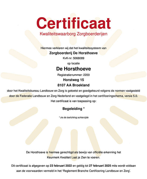 Certificaat Kwaliteitswaarborg Zorgboerderijen