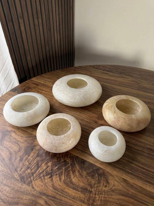 Albasten windlicht Frisbee– handgemaakt sfeerlicht van natuurlijk alabaster