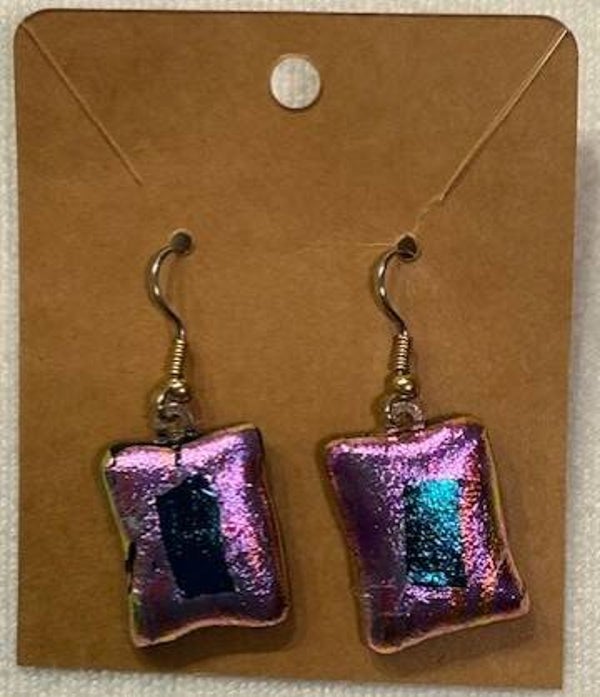 Dichroic Glass Earrings Pink with teal inlay