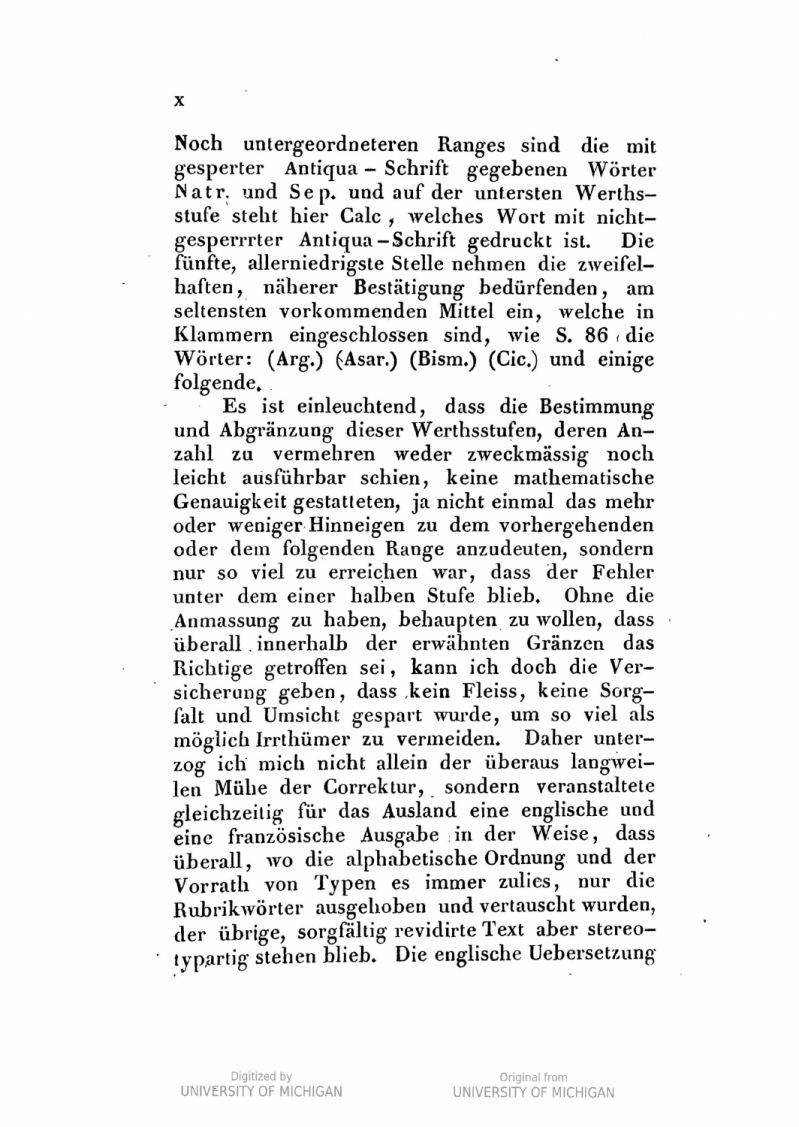 Bönninghausen 1846 preface page X explaining brackets for doubtful entries and limits of mathematical precision.