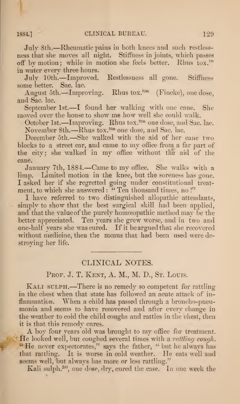 Kent Clinical Notes, May 1884 page 129, beginning the Kali sulphuricum discussion and the four-year-old boy's case.