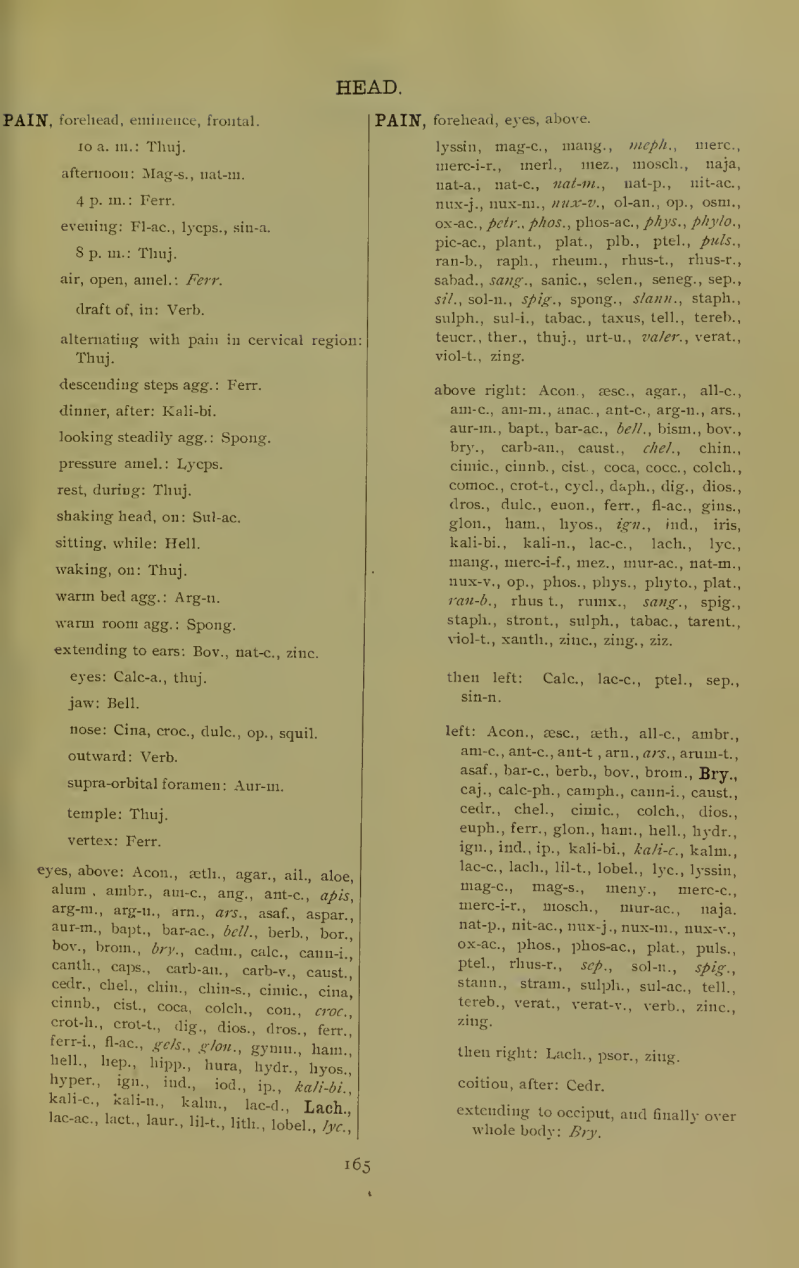 Kent 1897 repertory page 165 showing Lachesis under forehead pain above the right eye.