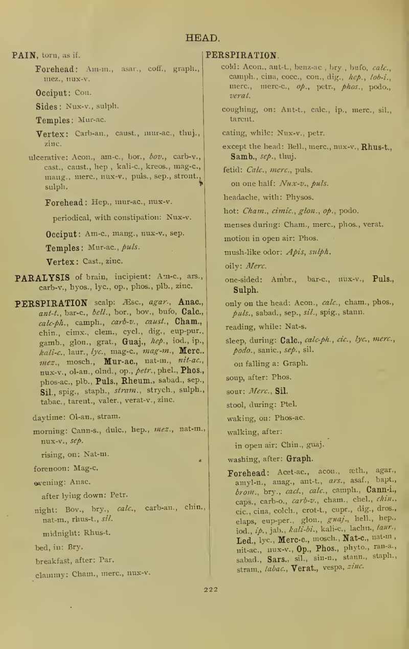 Kent 1897 repertory page 222, with Anacardium in heavy type under perspiration of the scalp in the lower left column.
