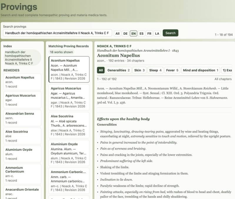 Modern English HTML translation view of the Aconitum Napellus proving