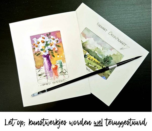 Wedstrijd deelname Aquarel op creditcardformaat een of twee mini's in een envelop, worden na de wedstrijd retour gestuurd