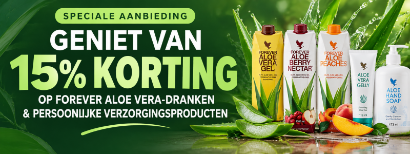 Forever Aloe Vera-dranken en persoonlijke verzorgingsproducten met 15% korting – ontdek de speciale aanbieding in onze webshop.