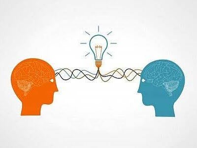Anger management - animated human haed in orange facing right , with blue haed facing left connected bt bliue and orange wavy lines with  a light bulb halfway between