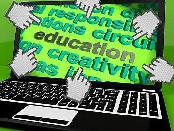 animated keyboard with hand pointers pointing inwards towards the worrd education in black text