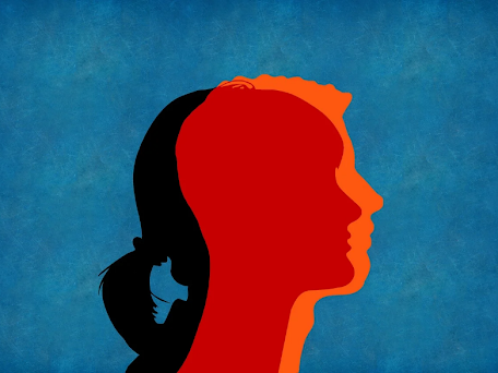 Sexual desire discrepancy - animated orange male figure abovre the neck with a female shadow aganst a blue background 