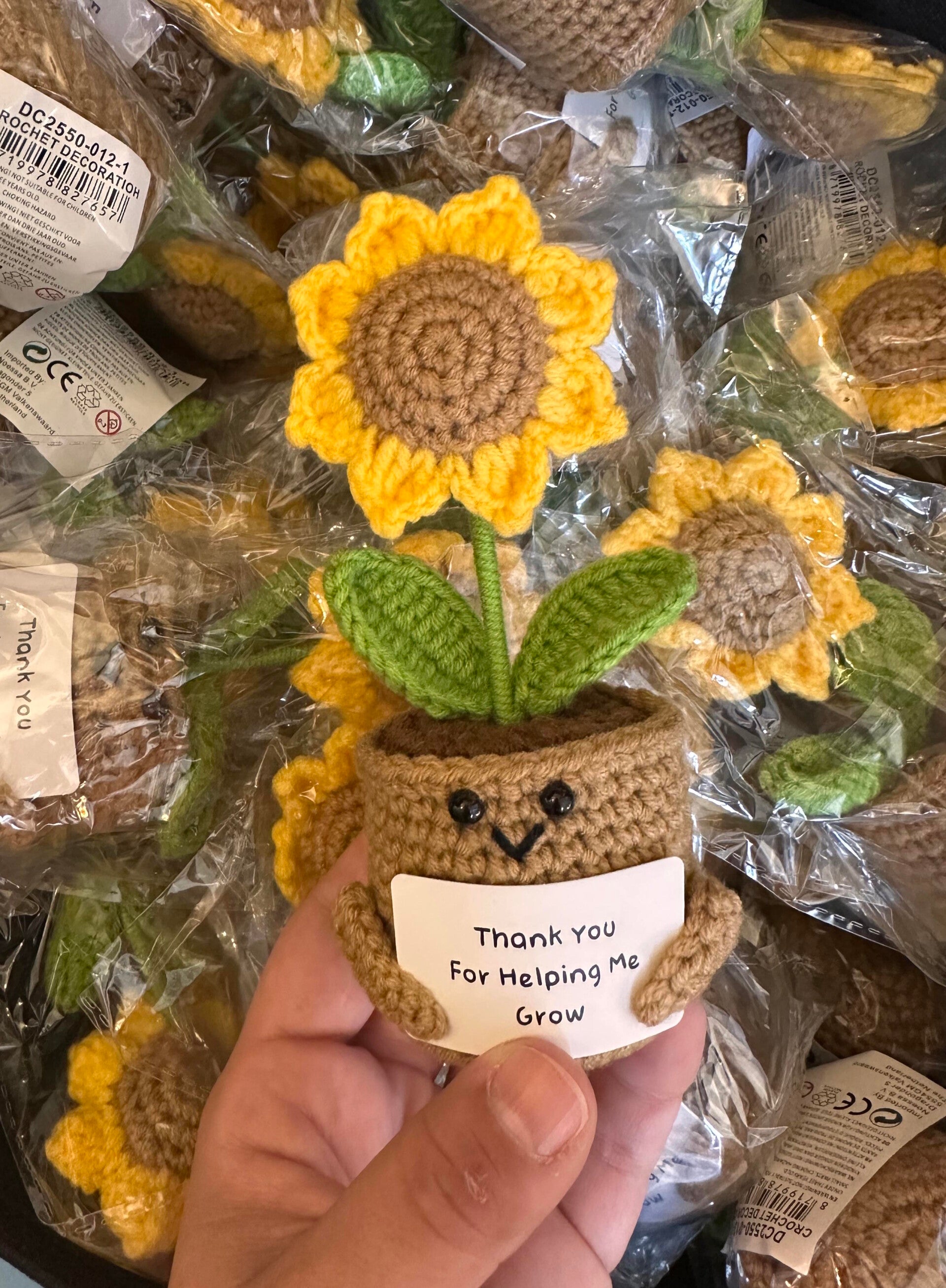 Voor de allerleukste Leidster, Leider, Gastouder, juf, meester, oppas, hebben wij een uniek bedankje! Deze super leuke gehaakte zonnebloem heeft een kaartje vast met de tekst: Thank you for helping me grow! Super leuk en origineel voor de tofste meester!