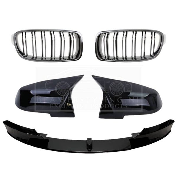Pakket Deal V5 - BMW F30 / F31 | Front lip - Nieren - Spiegelkappen | Glanzend zwart