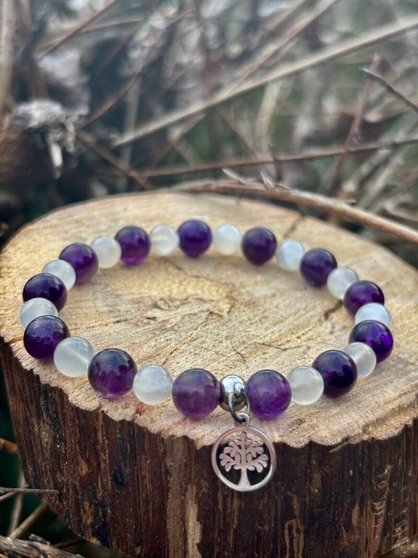 Améthyste et Pierre de Lune (6mm) et son Arbre de vie