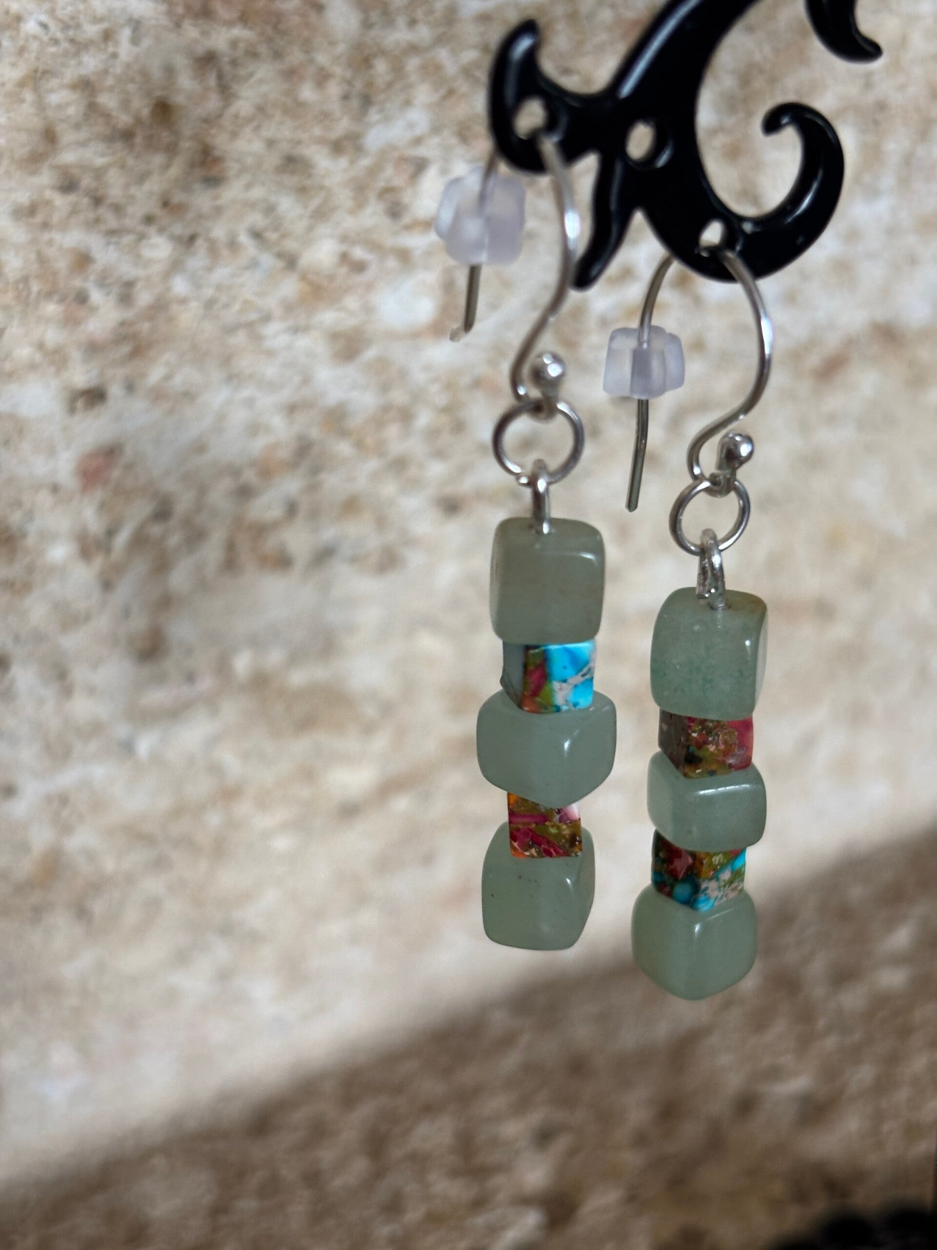 Aventurine verte (carré) et jaspe impérial (carré), boucle argent 925