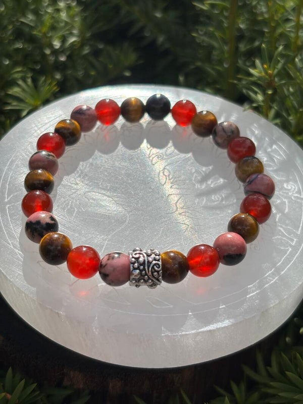 Automne: Cornaline AA, Oeil de Tigre A, Rhodochrosite A (8mm)