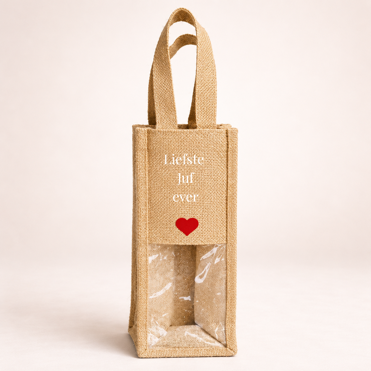 Jute Wijnfles Tas 'Liefste Juf Ever' – Een Cadeau om Juf te Bedanken