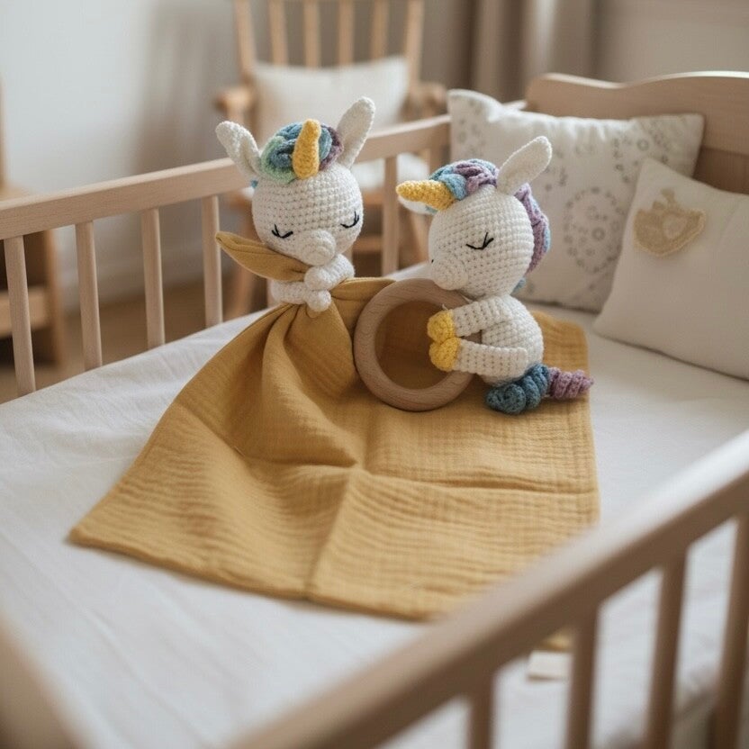 Knuffeldoekje met rammelaar - Unicorn - Geborduurd met naam of tekst