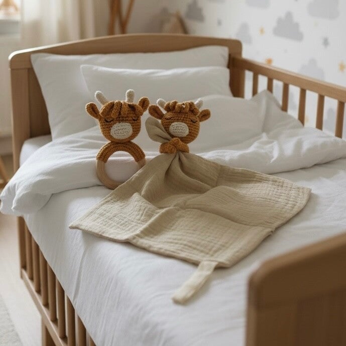 Knuffeldoekje met rammelaar - Highland Cow - Geborduurd met naam of tekst