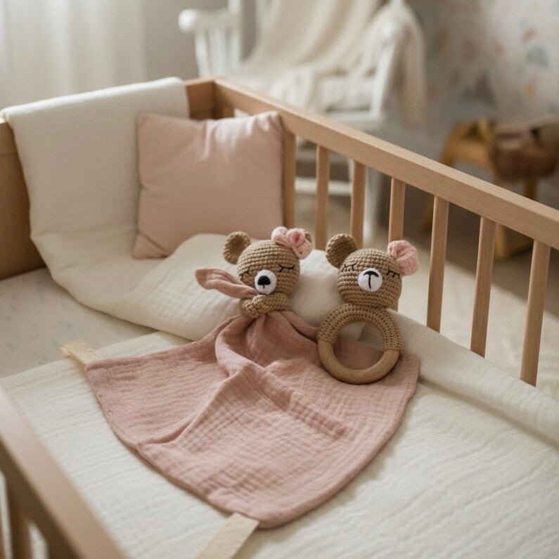 Knuffeldoekje met rammelaar - Beertje met bloem - Geborduurd met naam of tekst