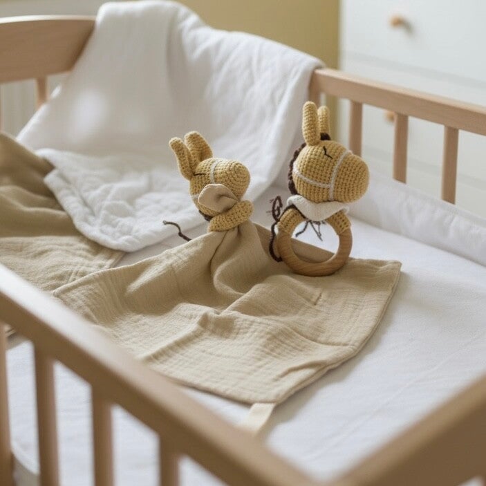 Knuffeldoekje met rammelaar - Paard - Geborduurd met naam of tekst