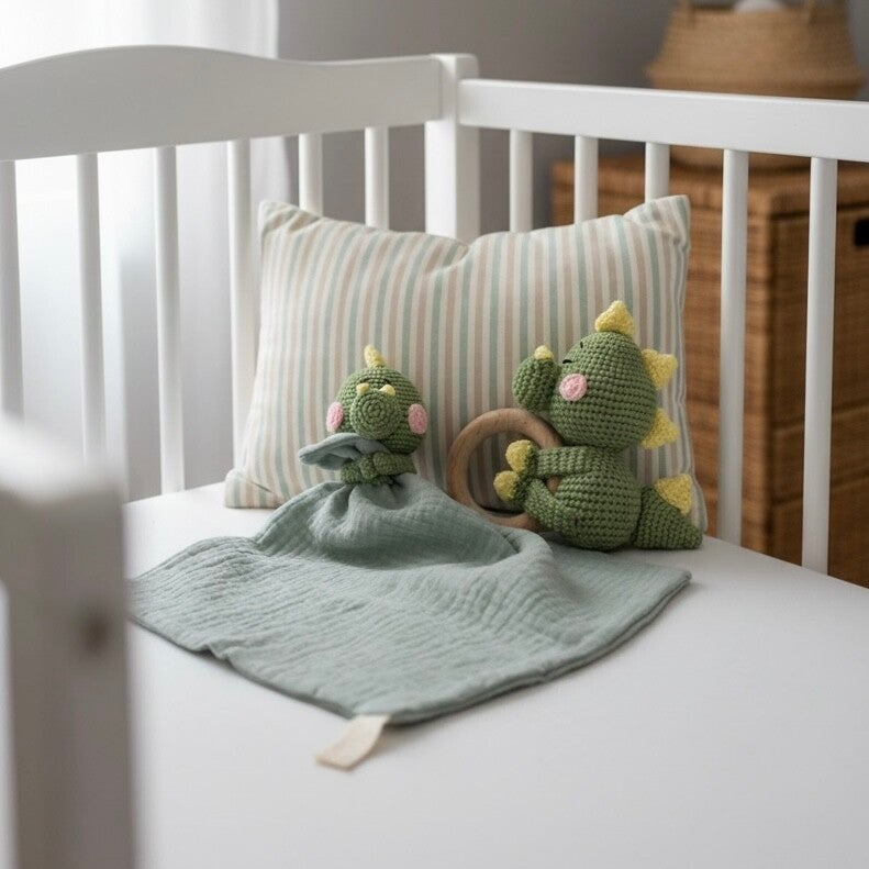 Knuffeldoekje met rammelaar - Dino - Geborduurd met naam of tekst