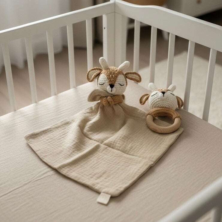 Knuffeldoekje met rammelaar - Hertje - Geborduurd met naam of tekst