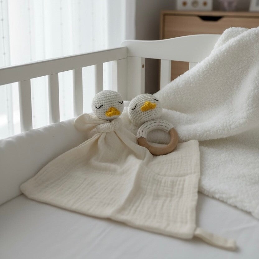 Knuffeldoekje met rammelaar - Eend - Geborduurd met naam of tekst